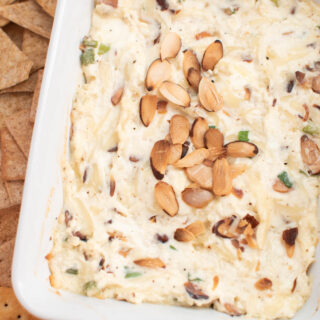 Close up photo of Swiss cheese dip in white baking dish surrounded by various crackers.