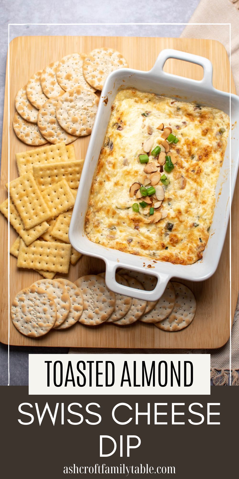 Pinterest graphic with text and photo of woman holding cracker with cheesy dip on it.