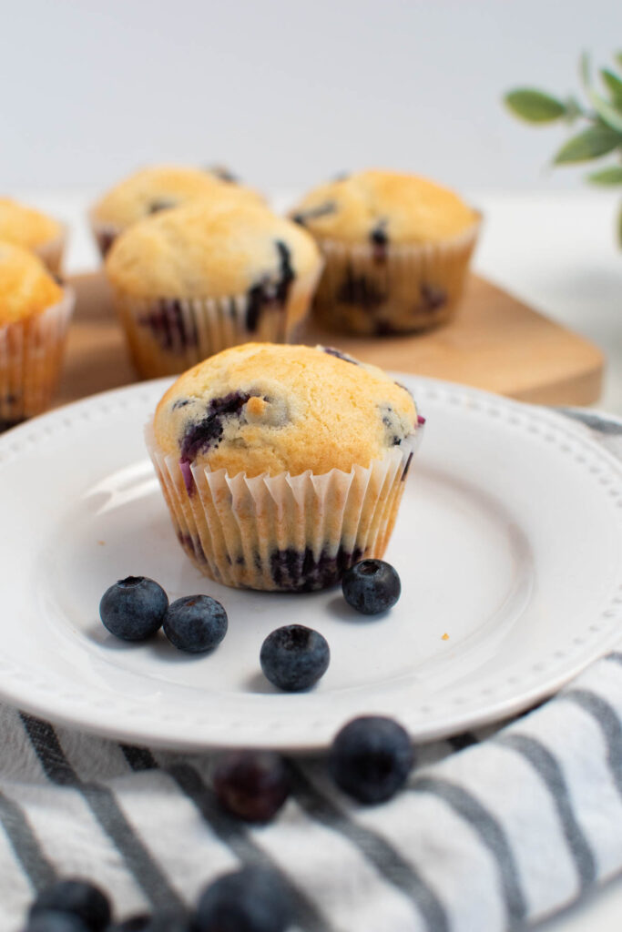 One blueberry muffin and several fresh blueberries on white plate with more muffins in background.