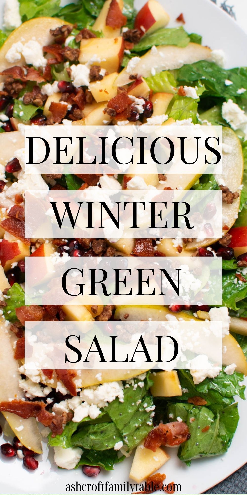 Pinterest graphic with text and close up of winter green salad.