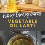 Pinterest graphic with text and collage of oil on countertop and pot for frying.