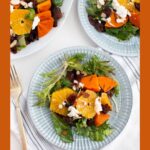 Pinterest graphic with text and photo of two plates of persimmon salad.
