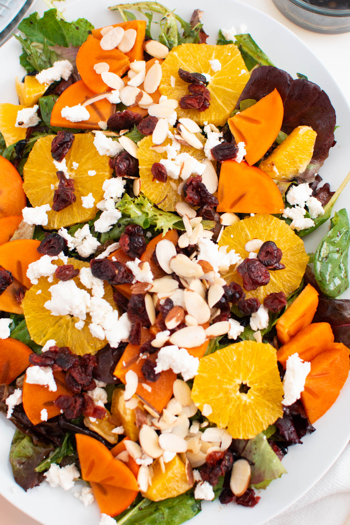 Close up of persimmon salad with goat cheese, almonds, and dried cranberries.