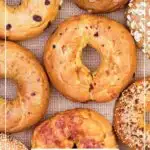 Pinterest graphic with text and several assorted bagels with oats and seeds.