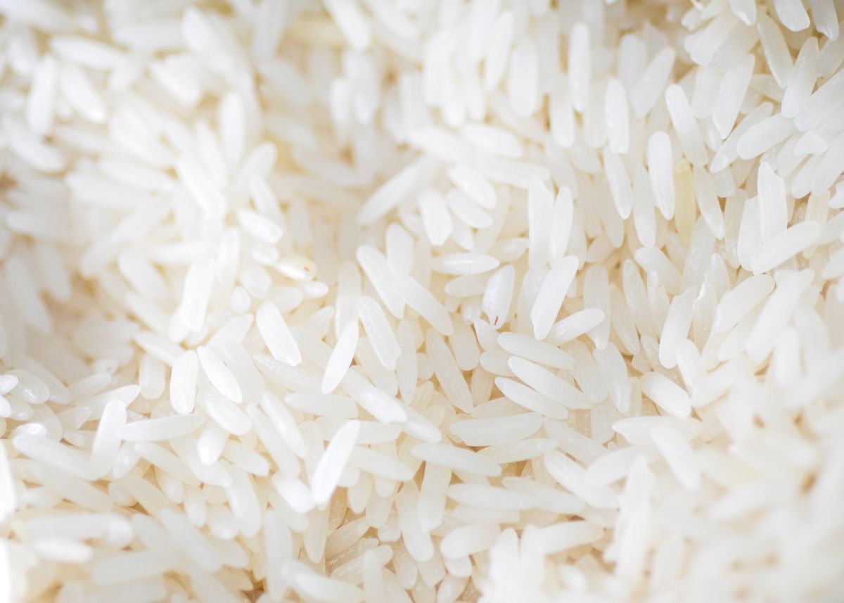 Full frame photo of uncooked white rice.