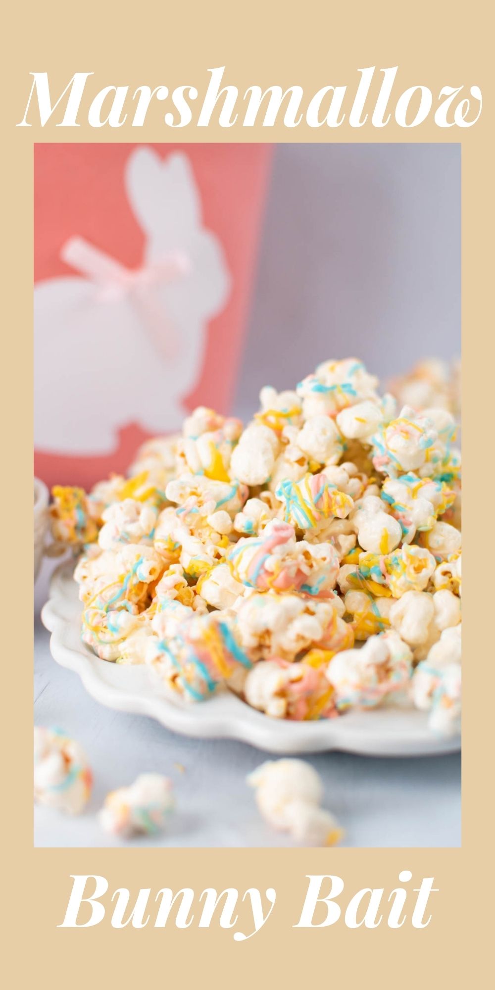 Pinterest graphic with text and platter of marshmallow bunny bait popcorn.