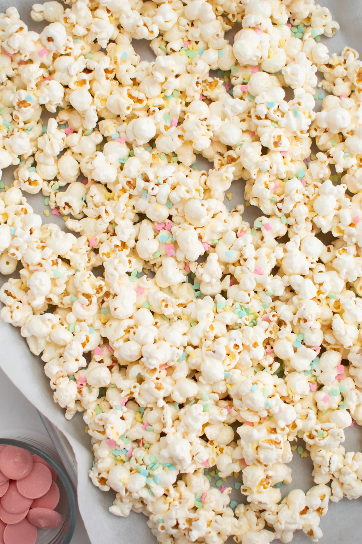 Marshmallow covered popcorn with Easter sprinkles.