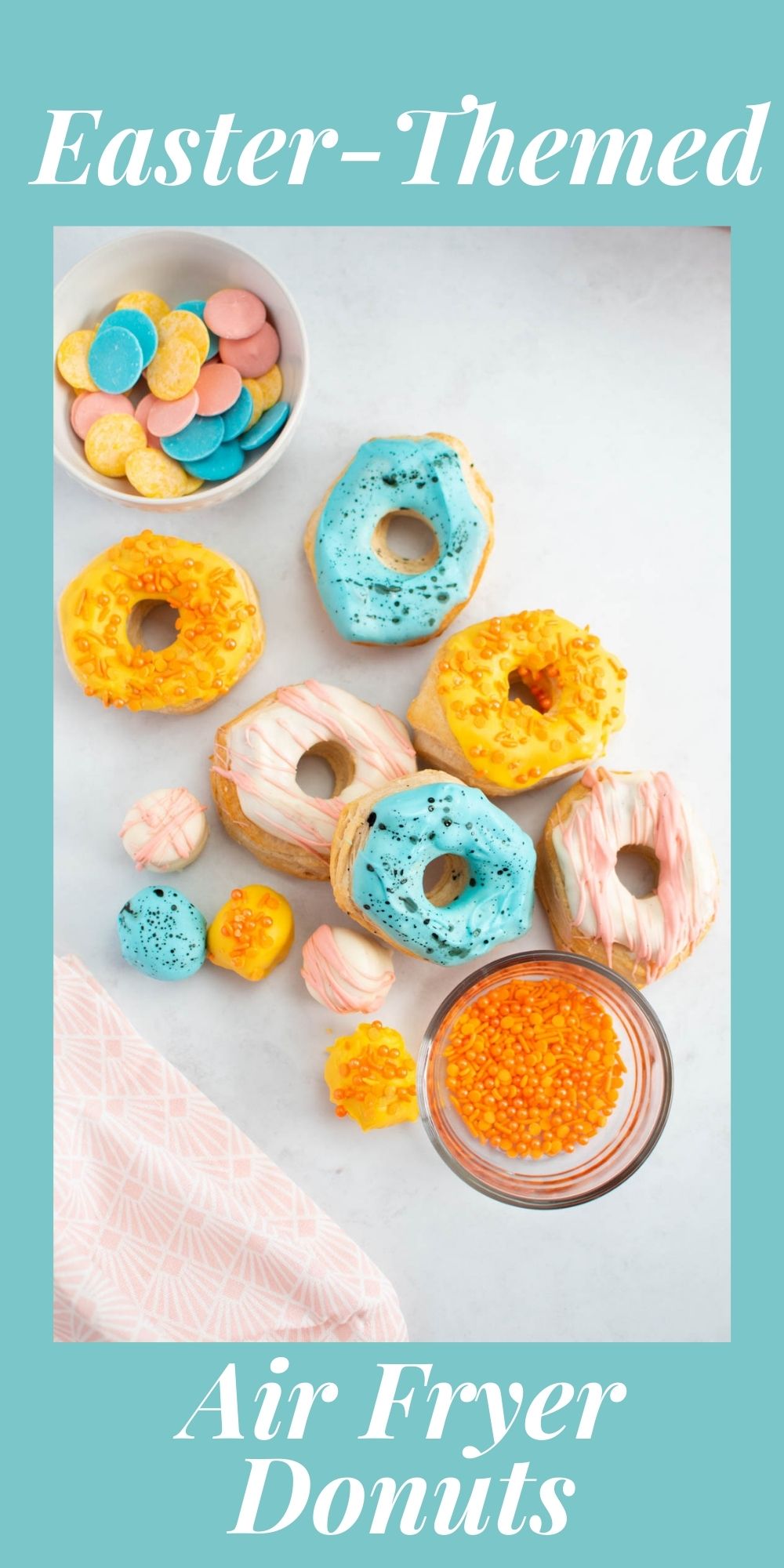 Pinterest graphic with text and several air fryer biscuit donuts arranged on table top.