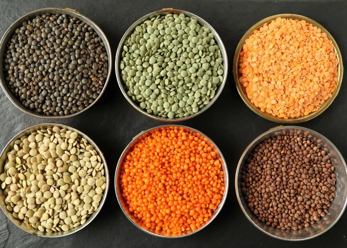 6 different varieties of lentils in various colors in large round bowls.