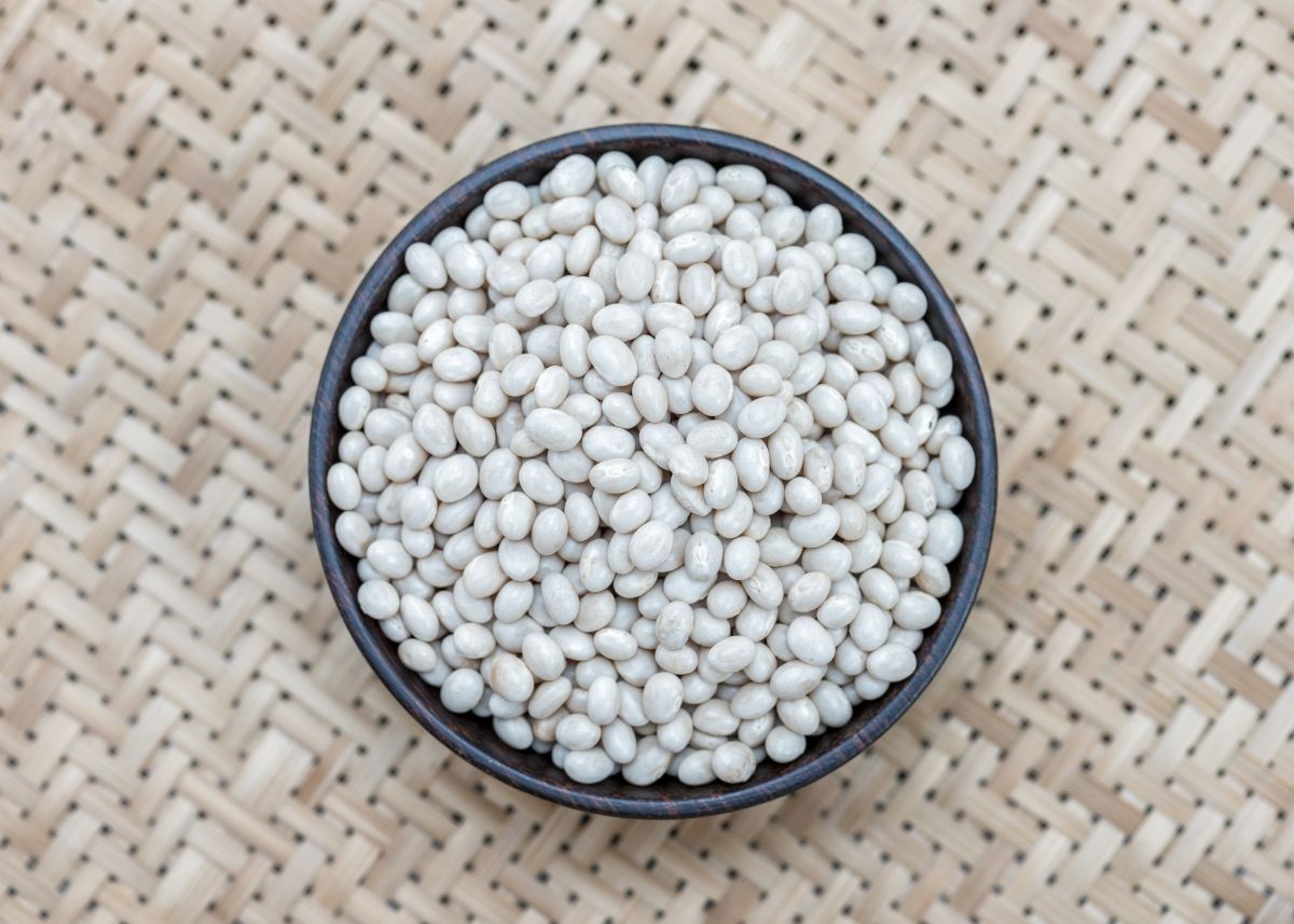 Large black bowl filled with northern white beans on a grass cloth mat.