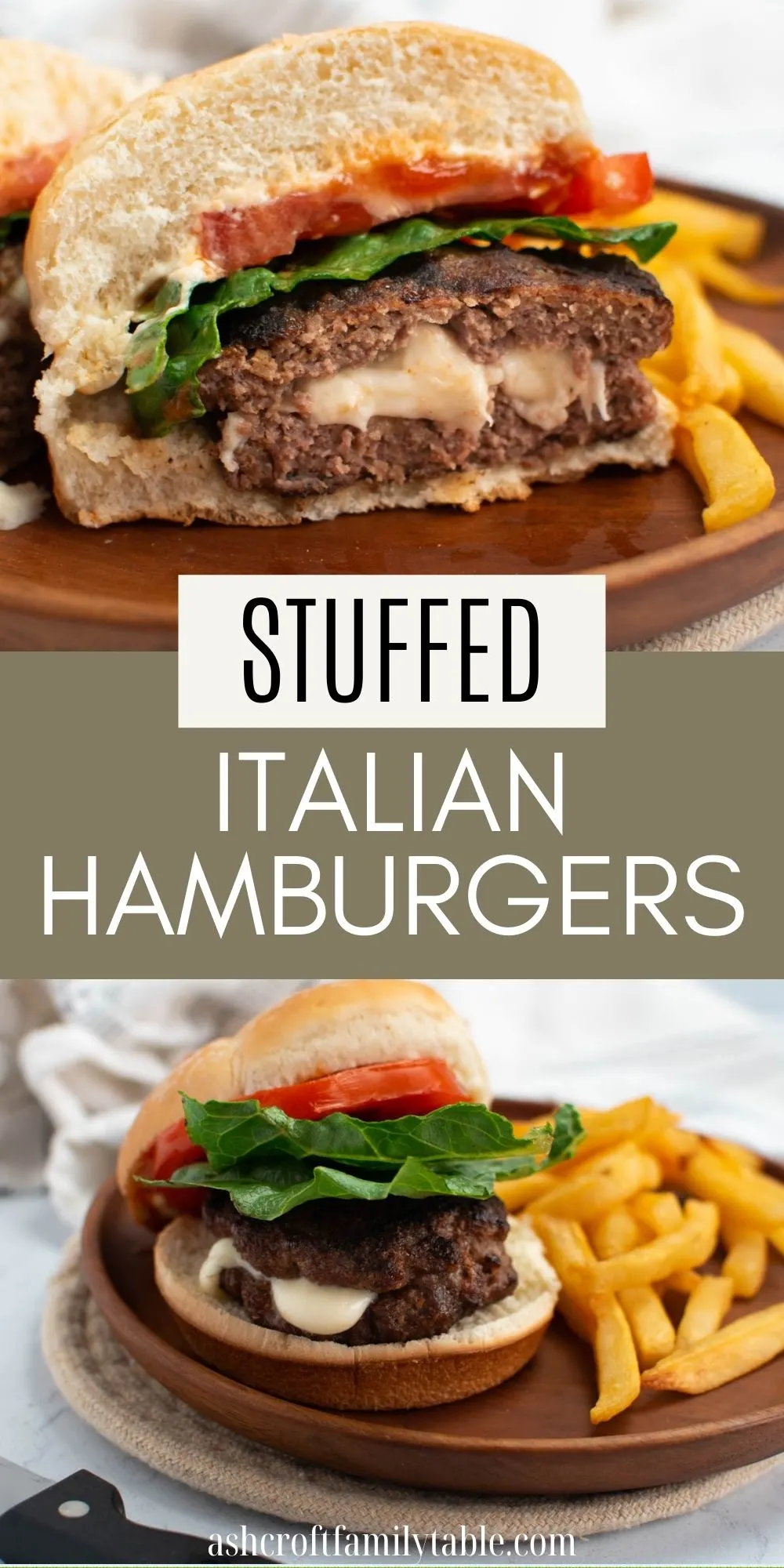 Pinterest graphic with text and photos of mozzarella stuffed hamburgers.