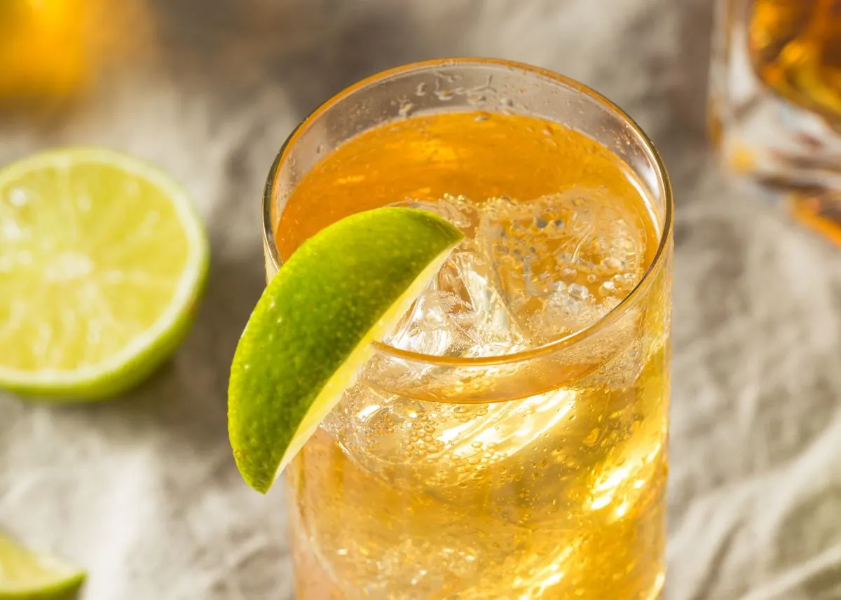 Clear glass of ginger ale soda with green garnish next to lime wedge.