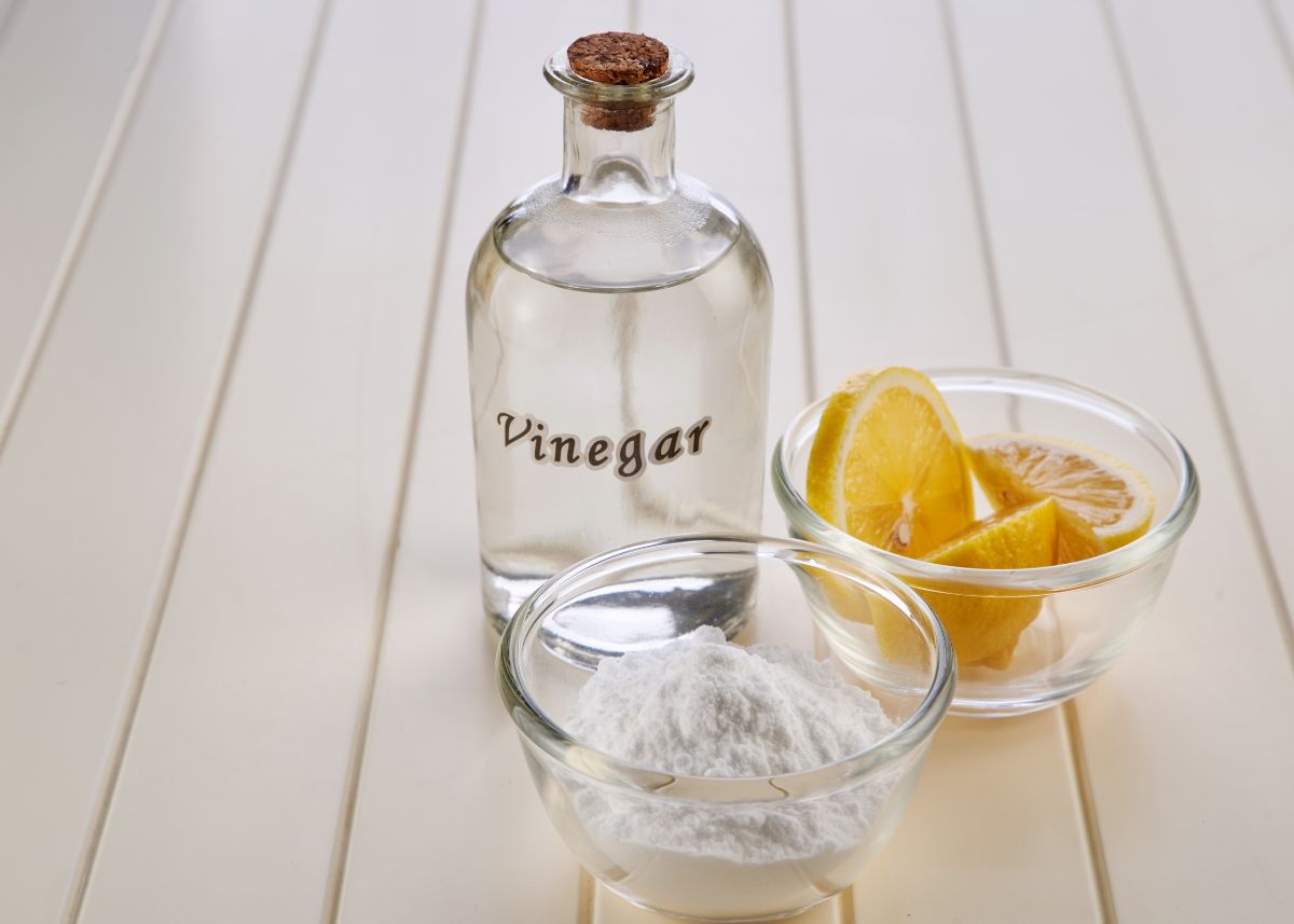 Bottle of white vinegar next to bowls of lemon and baking soda.