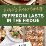 Pinterest graphic with text and picture collage of sliced pepperoni and pepperoni recipes.