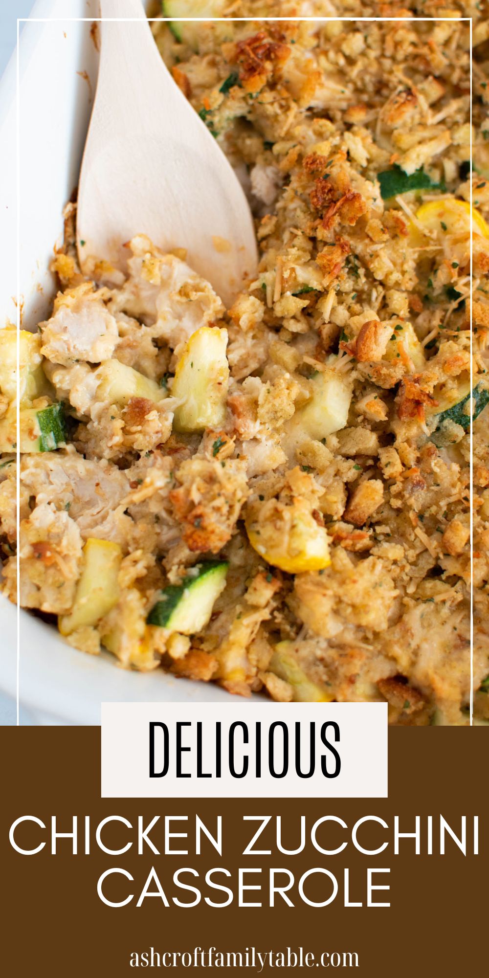 Pinterest graphic with text and photo of wooden spoon in chicken zucchini casserole with stuffing.
