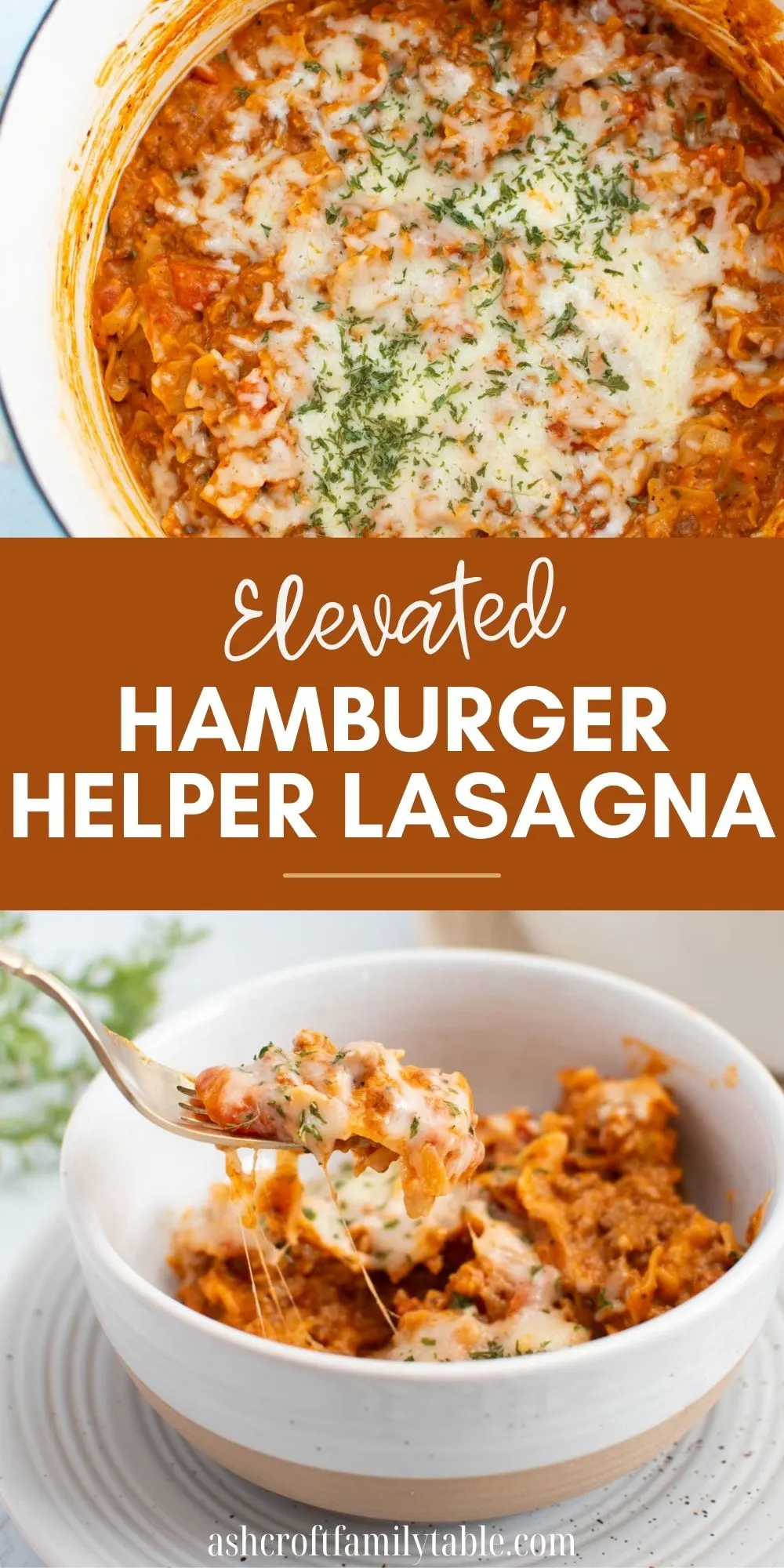 Pinterest graphic with text and collage of homemade hamburger helper lasagna photos.