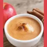 Pinterest graphic with text and a white bowl of applesauce with cinnamon.