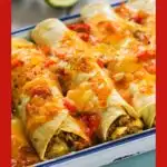 Pinterest graphic with text and ground beef enchiladas in a casserole baking dish.