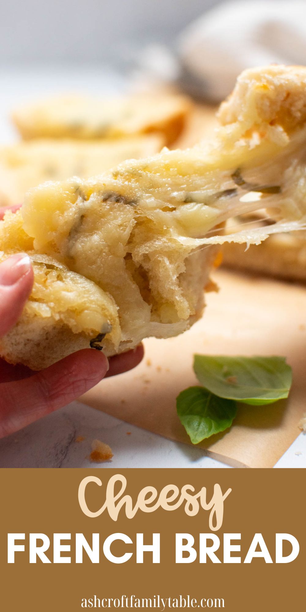 Pinterest graphic with text and photo of woman pulling apart piece of cheesy French bread.