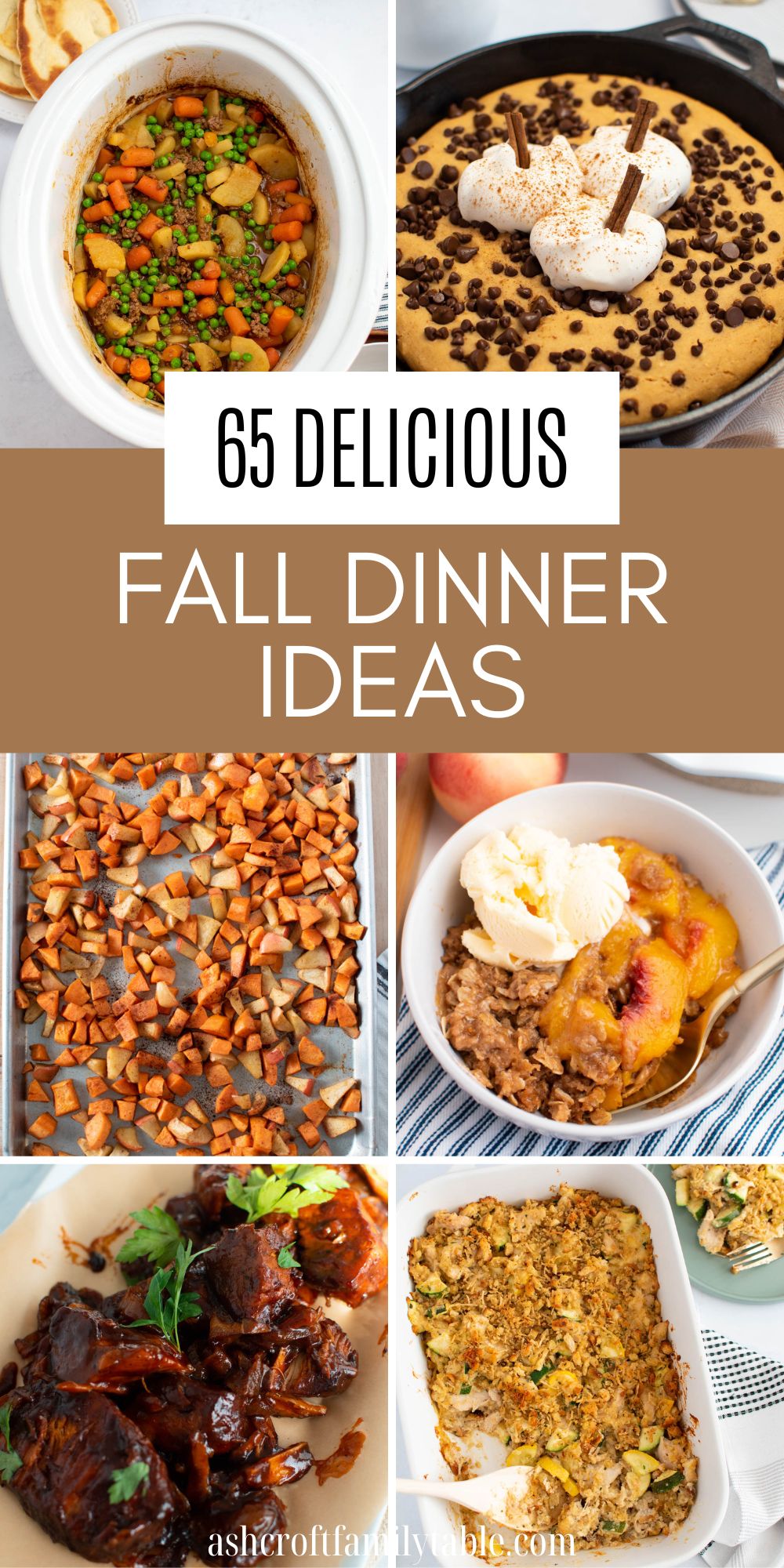 Graphic with text and photo collage of different fall dinner recipes.