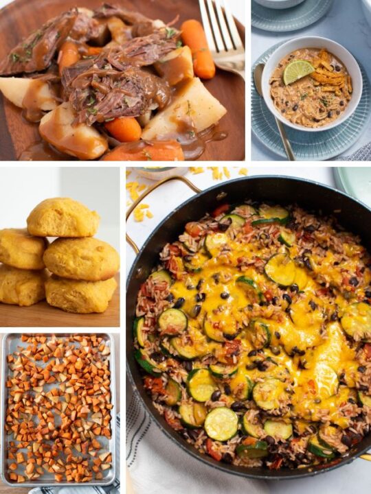 Collage of different fall dinner recipes including pot roast, pumpkin rolls, and roasted sweet potatoes.