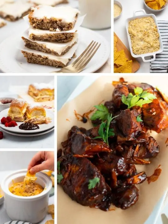 Collage of different football dinner ideas including sliders, ribs, chili dip, and banana bars.