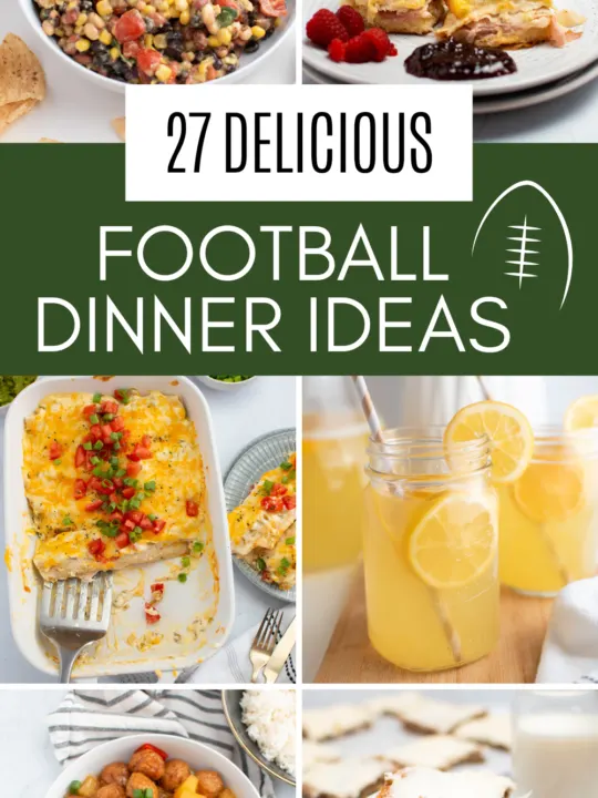 Pinterest graphic with text and collage of recipes to serve at a football dinner.