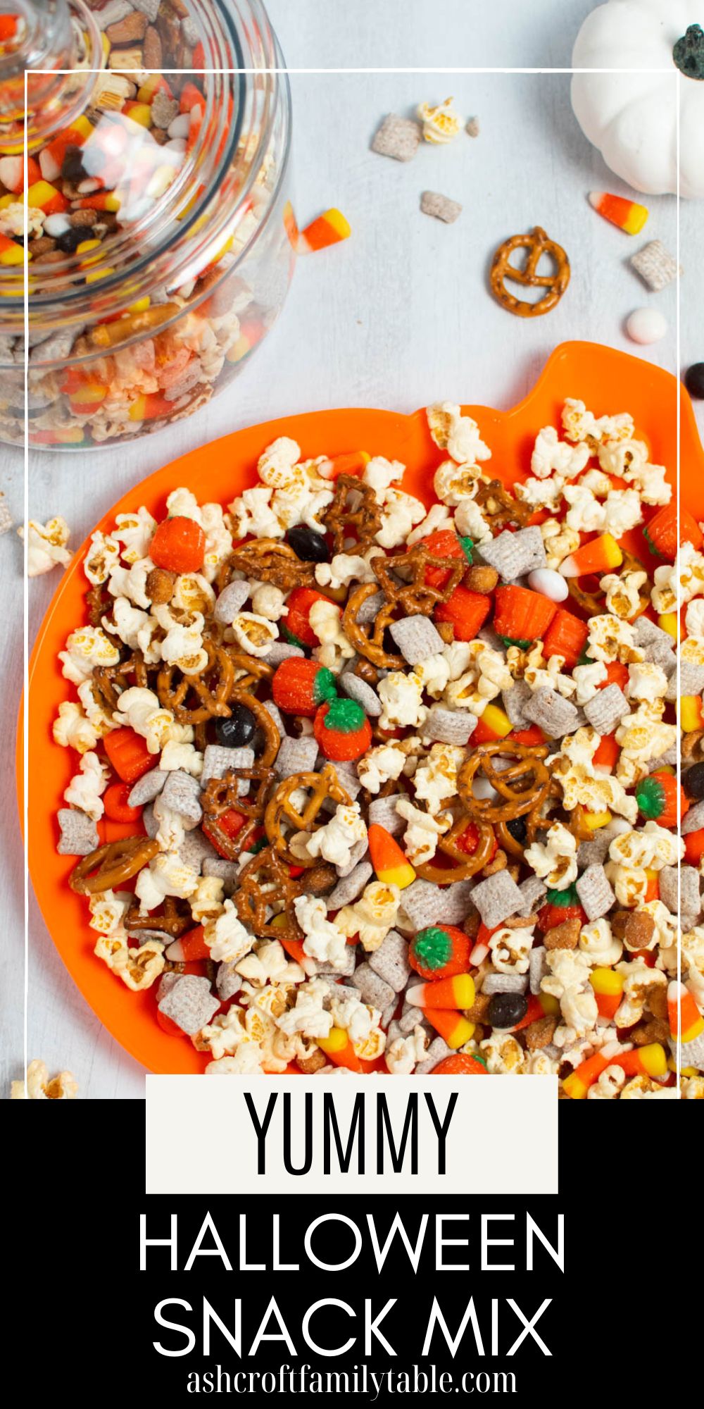 Pinterest graphic with text and photo of Halloween snack mix on orange pumpkin platter.