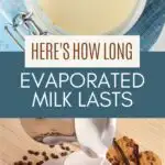 Pinterest graphic with text and collage of evaporated milk in a canister and poured into a drink.
