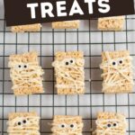 Pinterest graphic with photo and text that reads "mummy rice krispie treats."