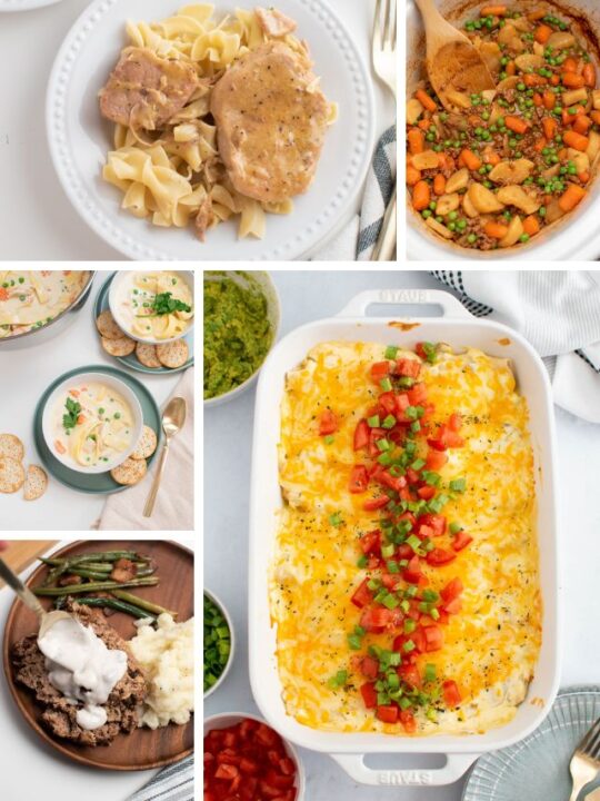 Collage of photos featuring Campbell's soup recipes like meatloaf, enchiladas, and stew.