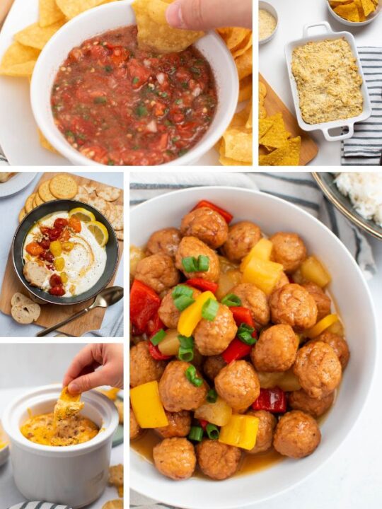 Collage of different fall appetizer recipes including salsa, dips, and meatballs.