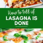 Pinterest graphic with text and image collage of lasagna on a plate and in a baking dish.