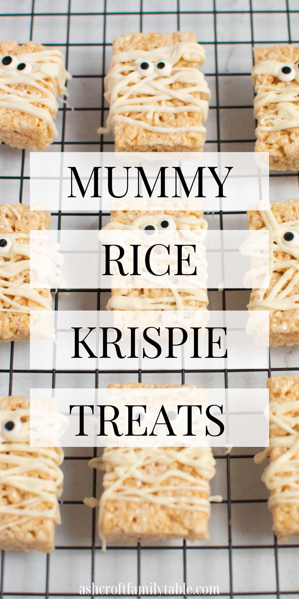 Pinterest graphic with text and photo of mummy rice krispie treats on baking rack.