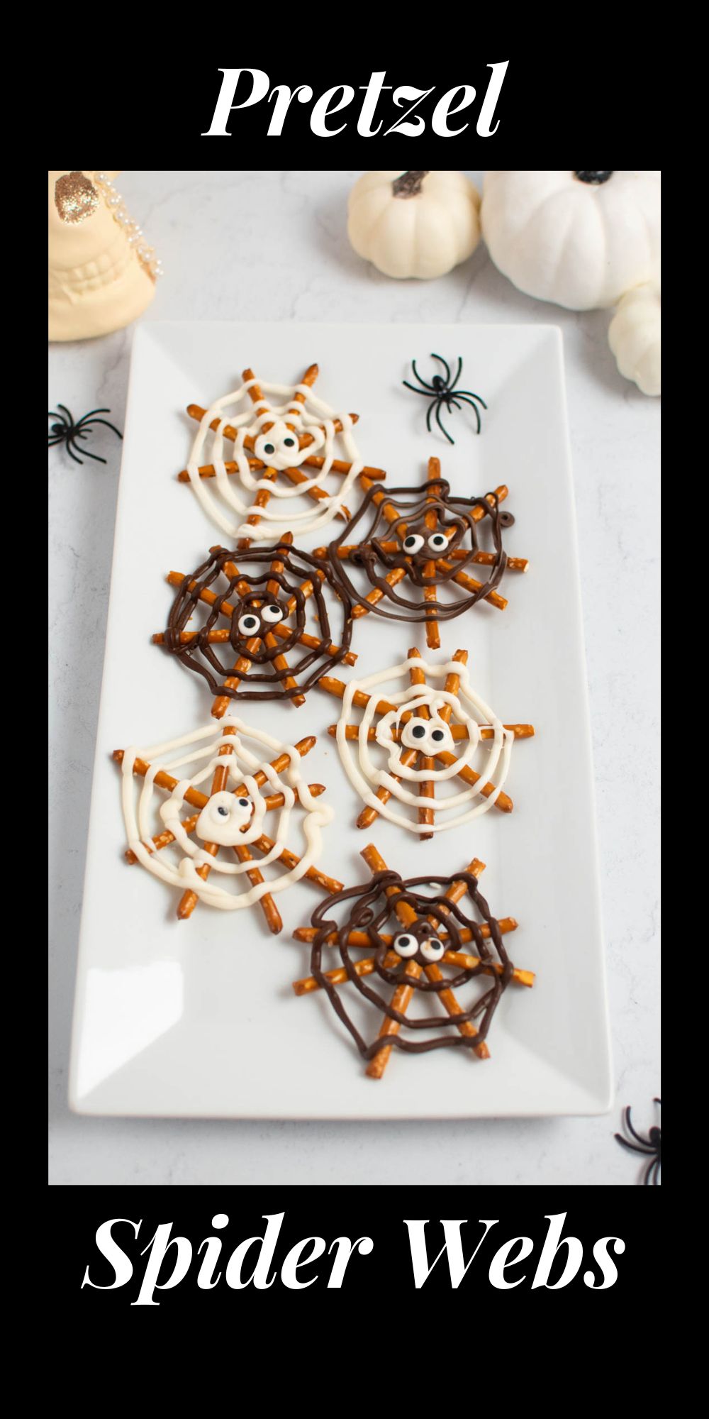 Pinterest graphic with text and photo of pretzel spider webs on white platter.