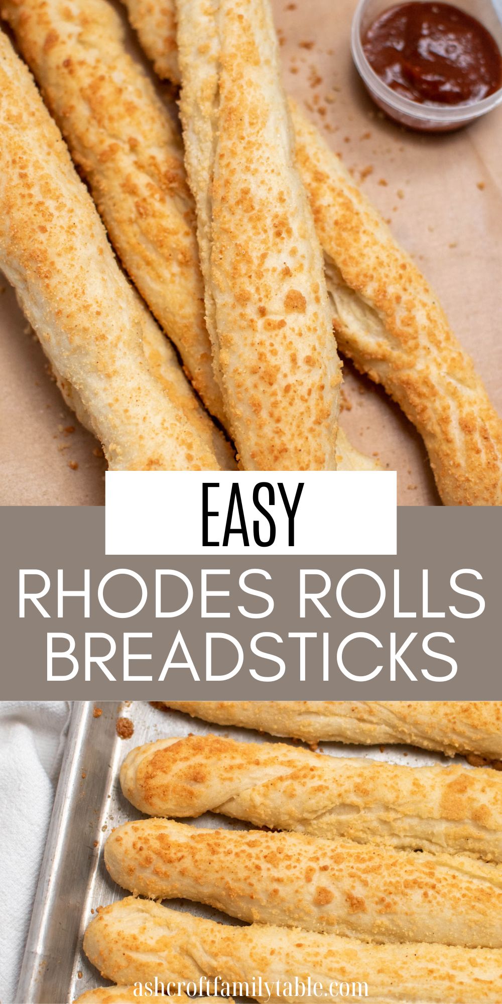 Pinterest graphic with text and photos of breadsticks from Rhodes Rolls.