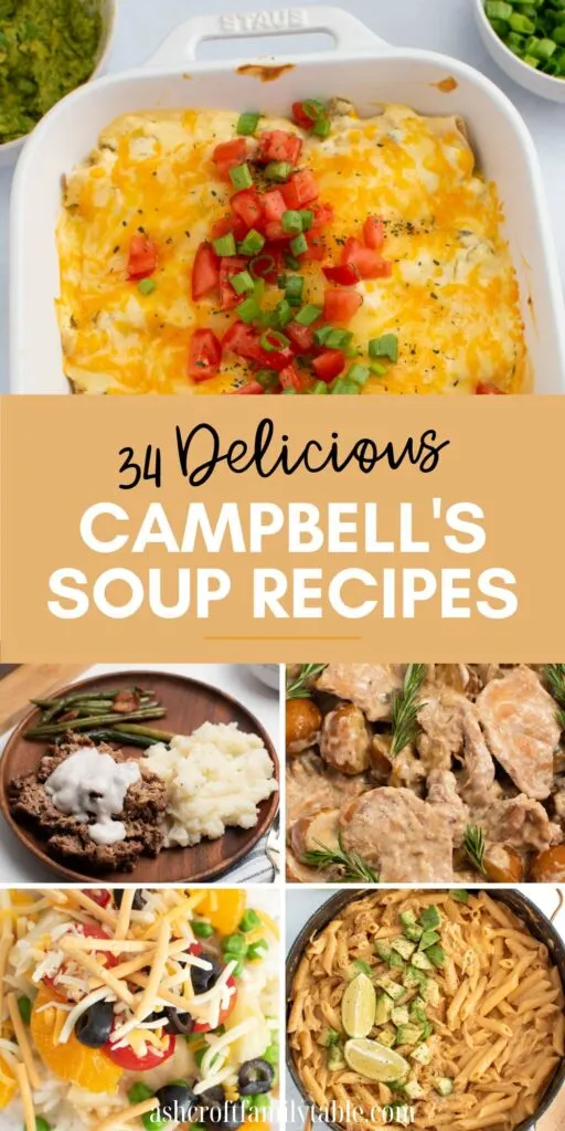 Pinterest graphic with text and collage of Campbell's soup recipes.