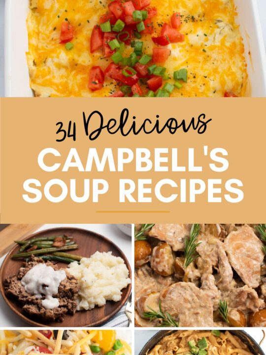 Pinterest graphic with text and collage of Campbell's soup recipes.