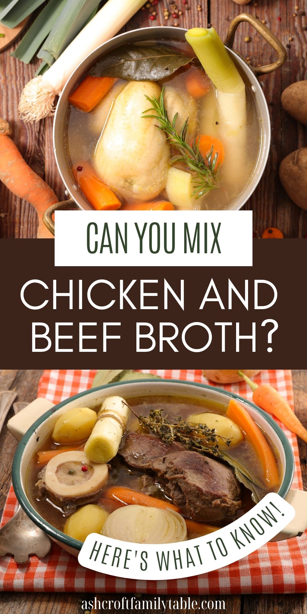 Pinterest graphic with text and a collage with chicken and beef broth.