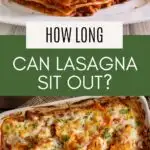 Pinterest graphic with text and a slice of lasagna and lasagna in a pan.
