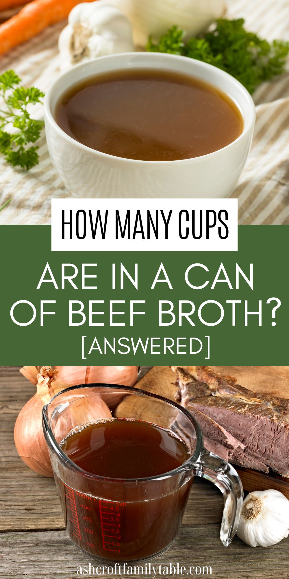 Pinterest graphic with text and image collage with beef broth in a bowl and measuring cup.