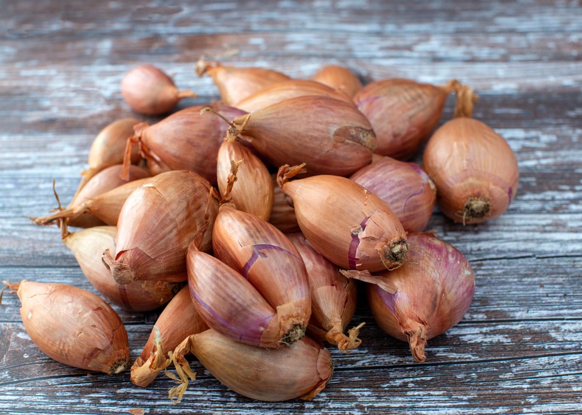 A large pile of unpeeled raw shallots on a rustic wooden table.