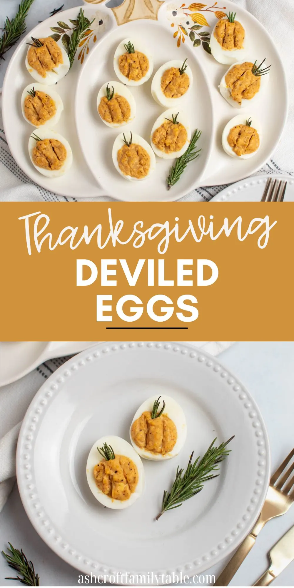 Pinterest graphic with text and photos of Thanksgiving deviled eggs on white plates.