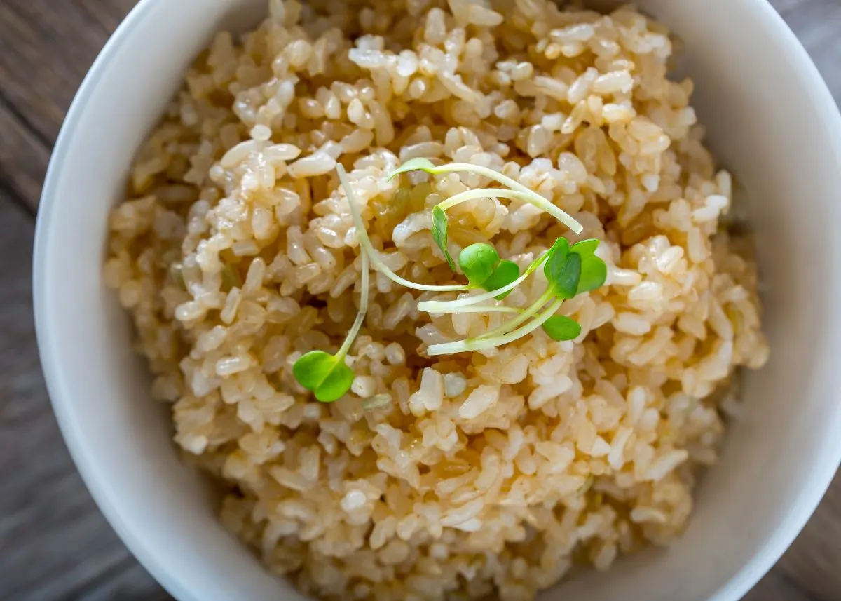 Overhead shot of brown rice in a white bowl with green garnish.