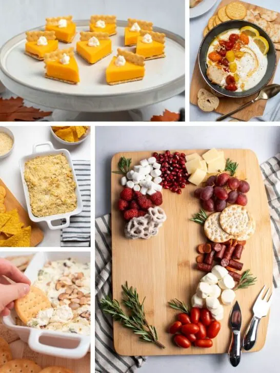 Collage of different Christmas Eve appetizers including dips and charcuterie boards.