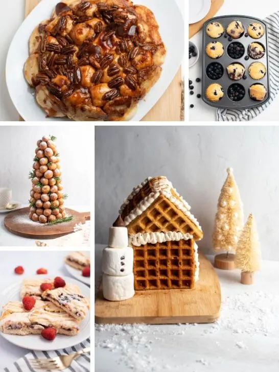 Collage of different Christmas morning breakfast recipes.