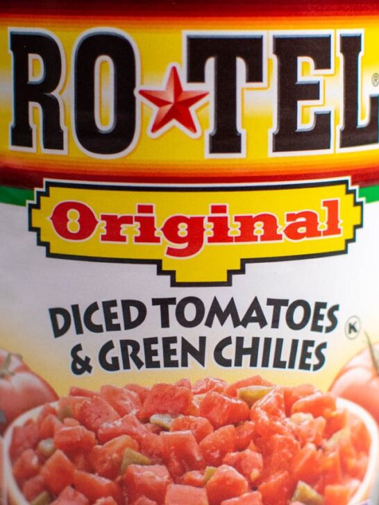 Close up of can of Rotel (diced tomatoes and green chiles).