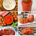Pinterest graphic with text and collage of ingredients used to substitute for marinara sauce.
