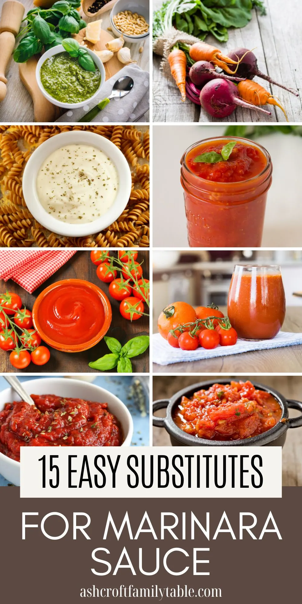 Pinterest graphic with text and collage of ingredients used to substitute for marinara sauce.
