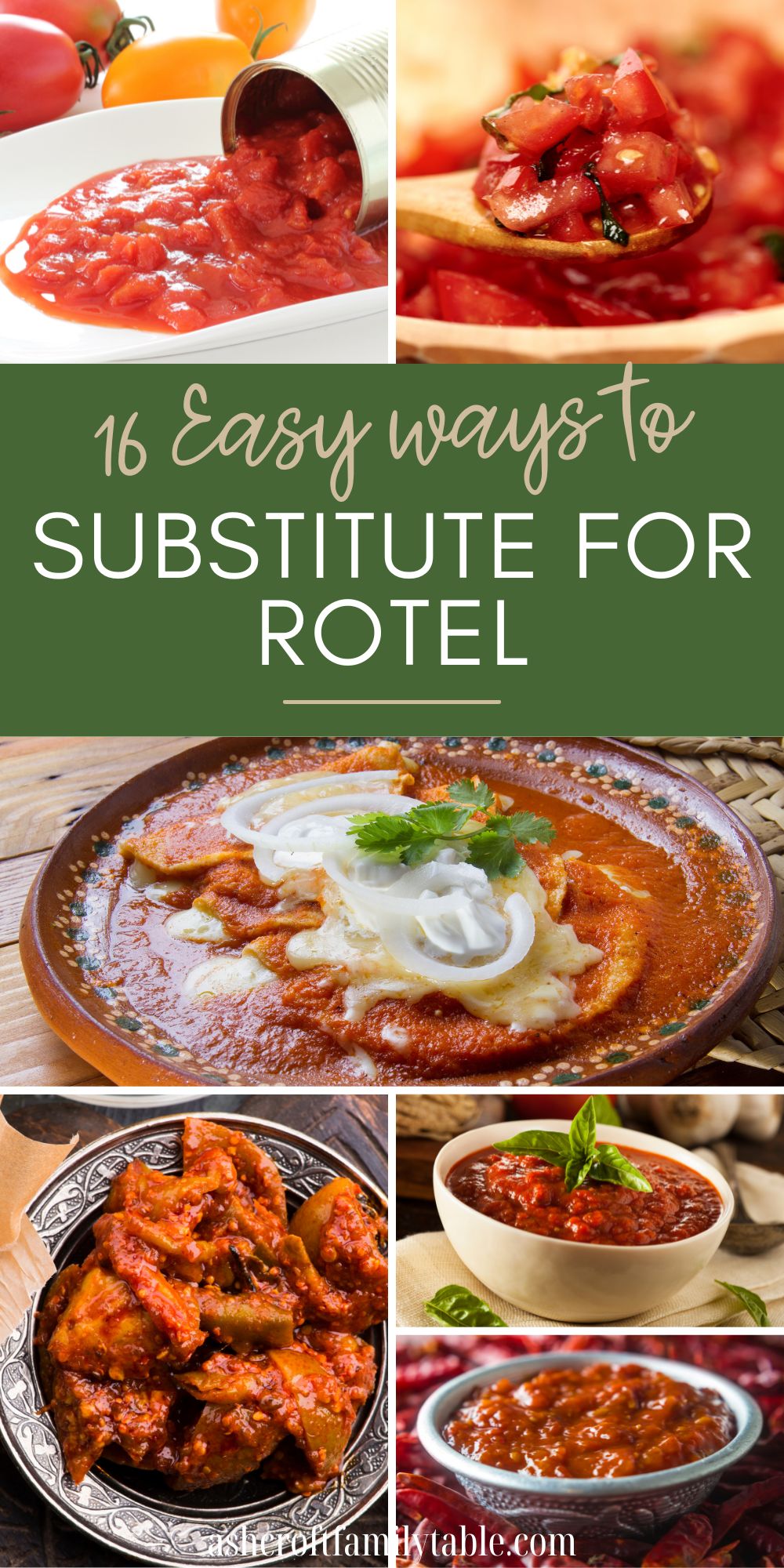 Pinterest graphic with text and collage of ingredients used to substitute for Rotel tomatoes.
